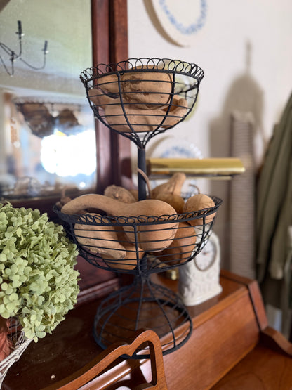 Two-Tiered French Loop Wrought Iron Wire Pedestal Fruit Basket