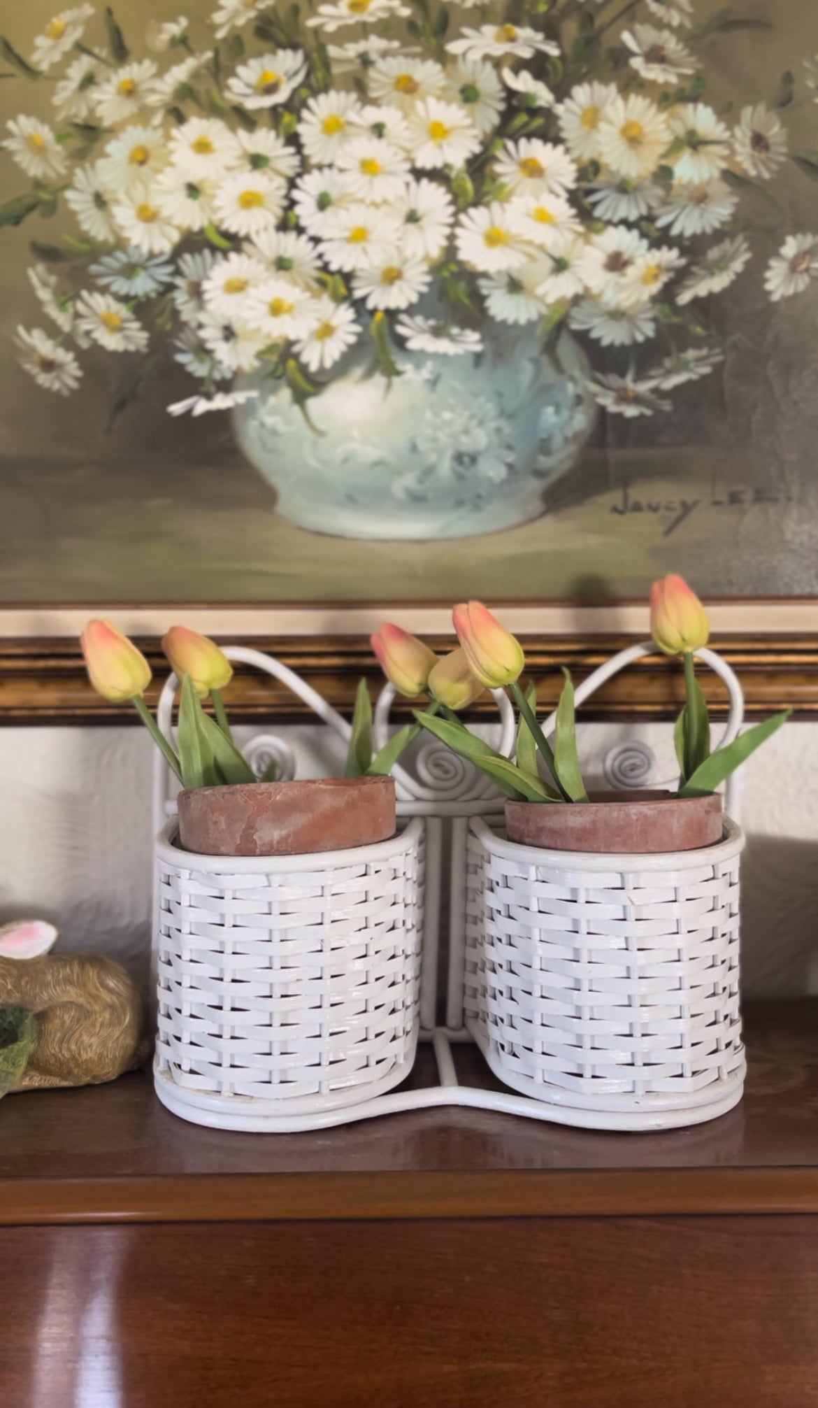White Wicker Double Planter Basket (comes with terra cotta planters & tulips)