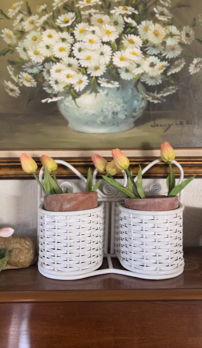 White Wicker Double Planter Basket (comes with terra cotta planters & tulips)