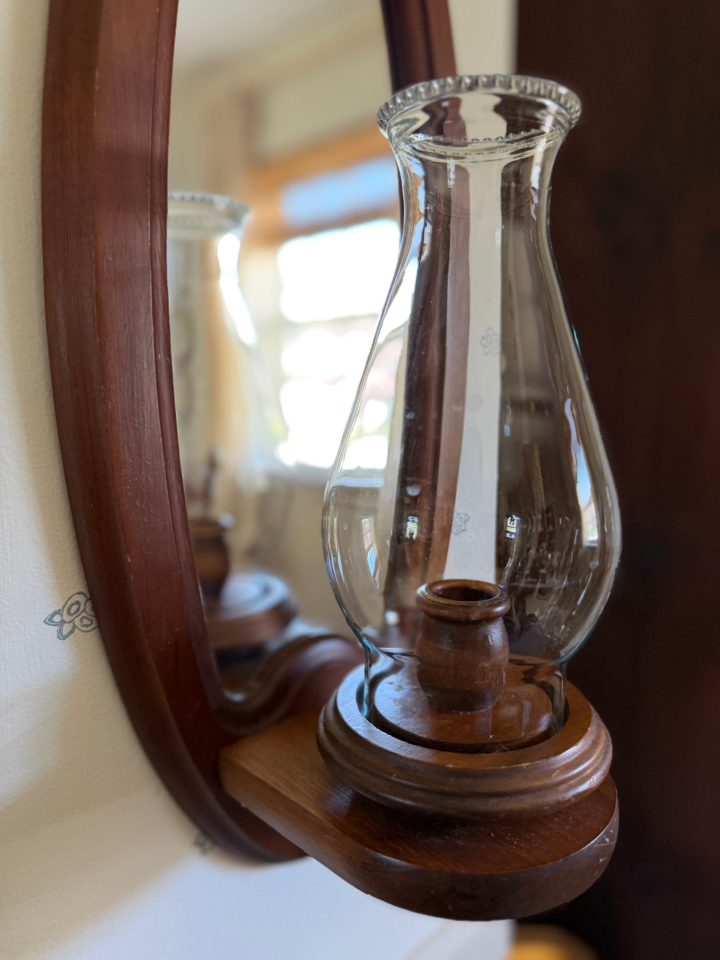 Large Mirrored Wooden Sconce with Hurricane Globe