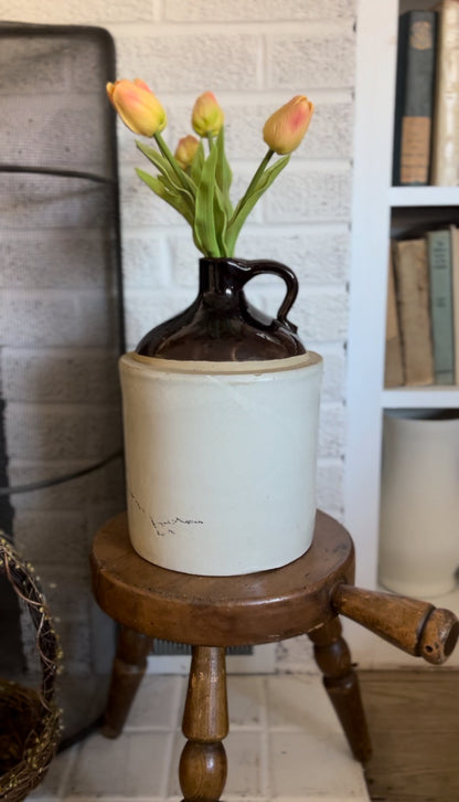Antique "Western Stoneware" Jug Crock with Pink Tulips
