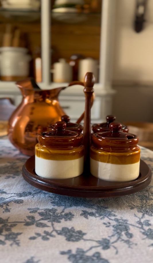 Vintage Brown Stoneware Condiment Set on a Wooden Lazy Susan