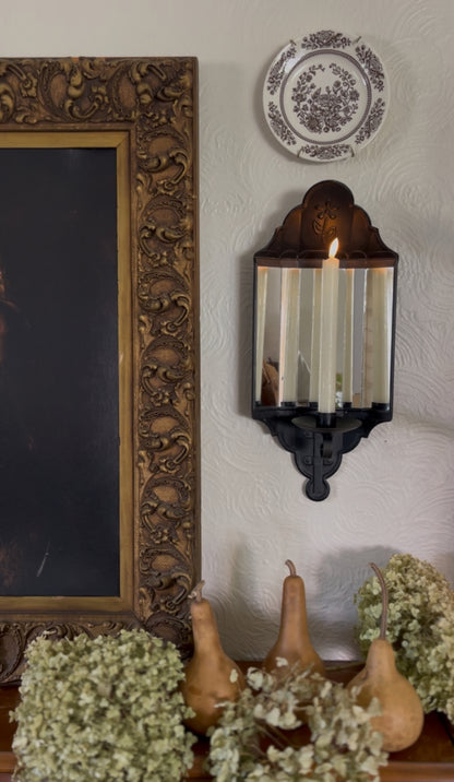 Primitive Black Metal Glass Backing Candle Sconce
