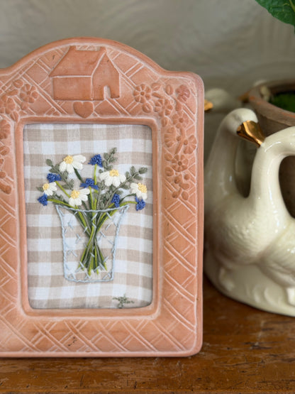 Floral Bouquet in a Vase Embroidery Art in Terra Cotta Frame