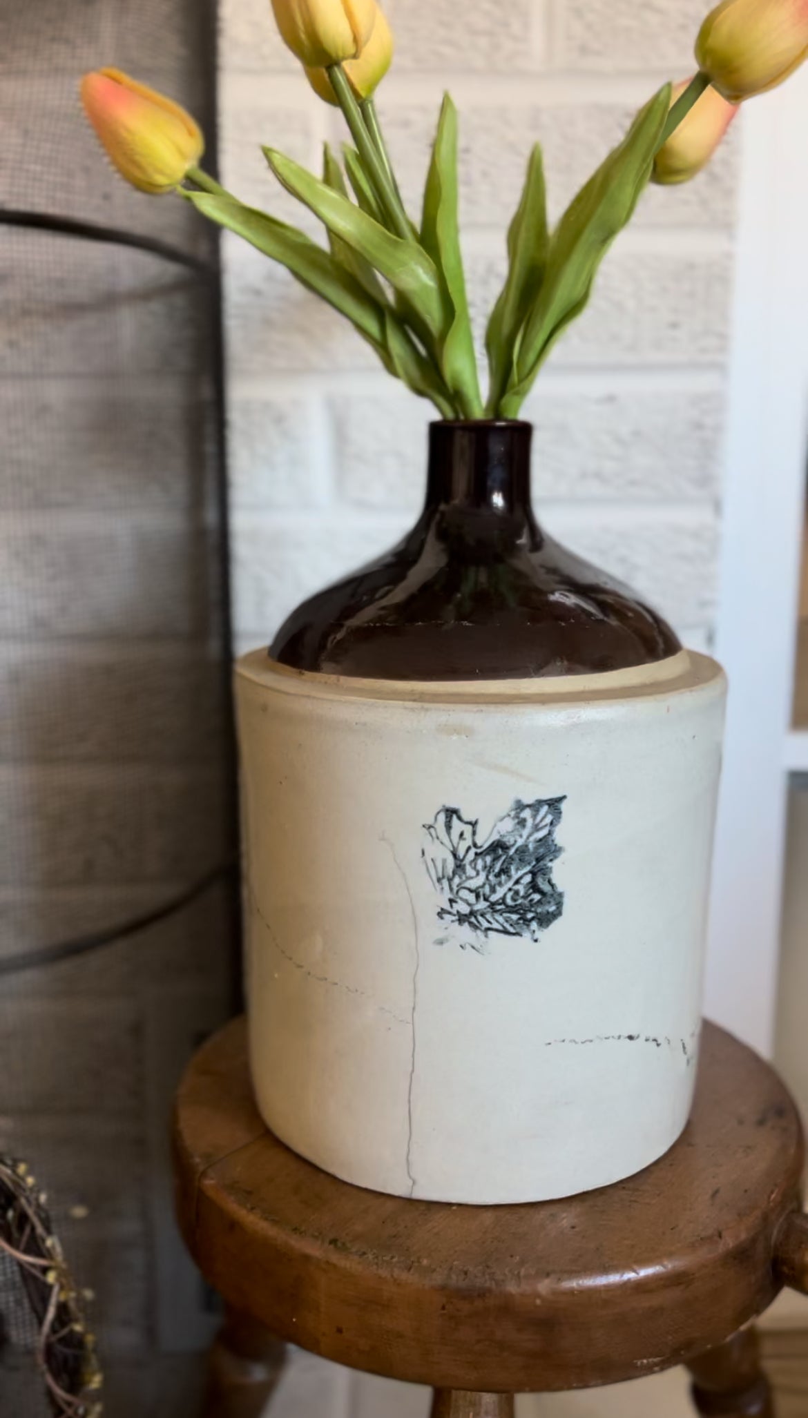 Antique "Western Stoneware" Jug Crock with Pink Tulips