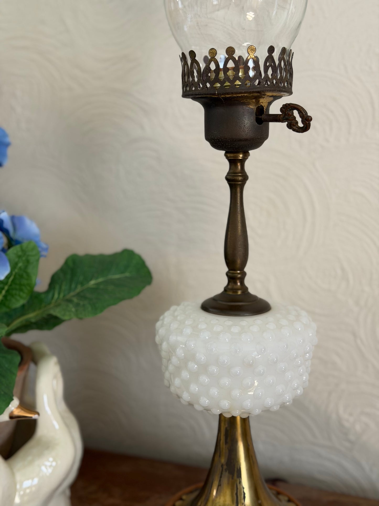 Vintage Brass, Wood, and Milk-glass Lamp