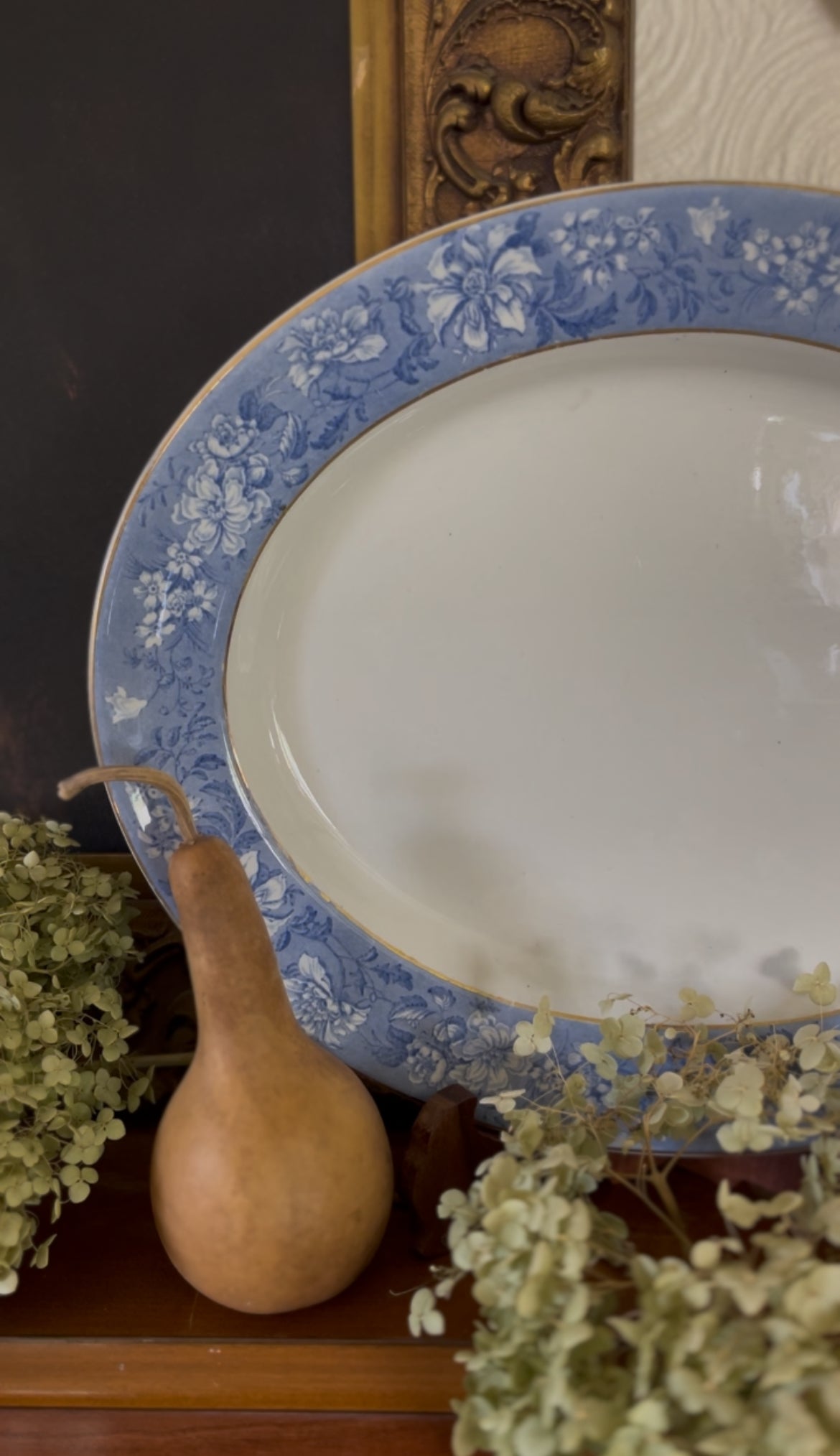 Soho Pottery Blue Transferware Platter with Gold Triming made in England