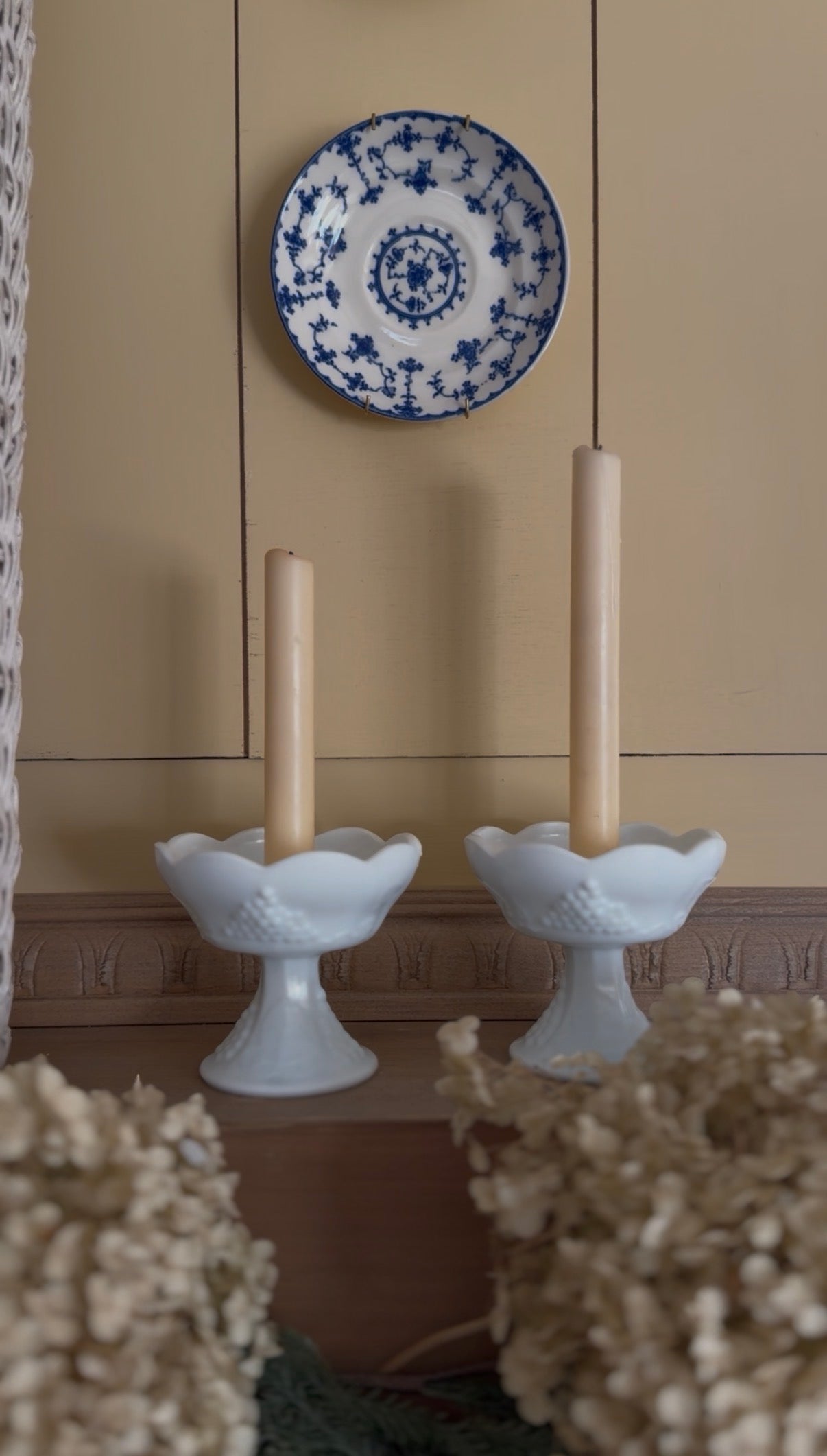 Milk Glass Scalloped Candle Holders with Grape Motif - Set of 2 (candles not included)