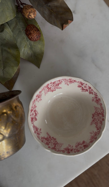 Brass Heart Planter with Red Floral Meakin Staffordshire England Bowl (flowers not included)