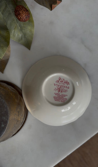 Brass Heart Planter with Red Floral Meakin Staffordshire England Bowl (flowers not included)