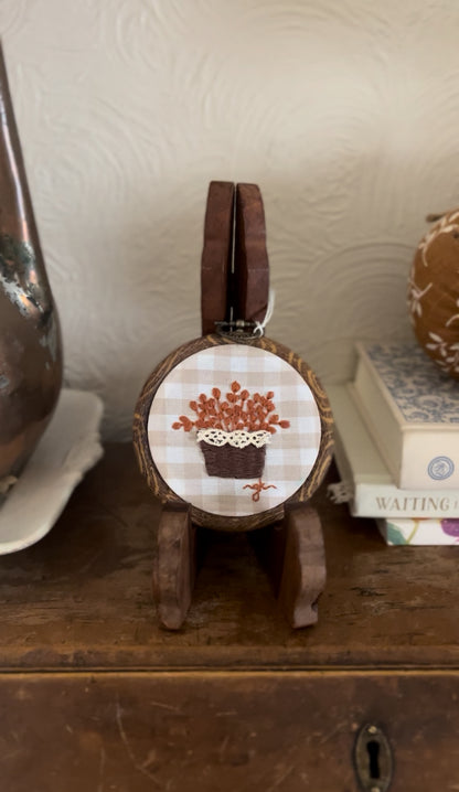 Small Basket of Fall Leaves on Gingham Fabric Embroidery Magnet