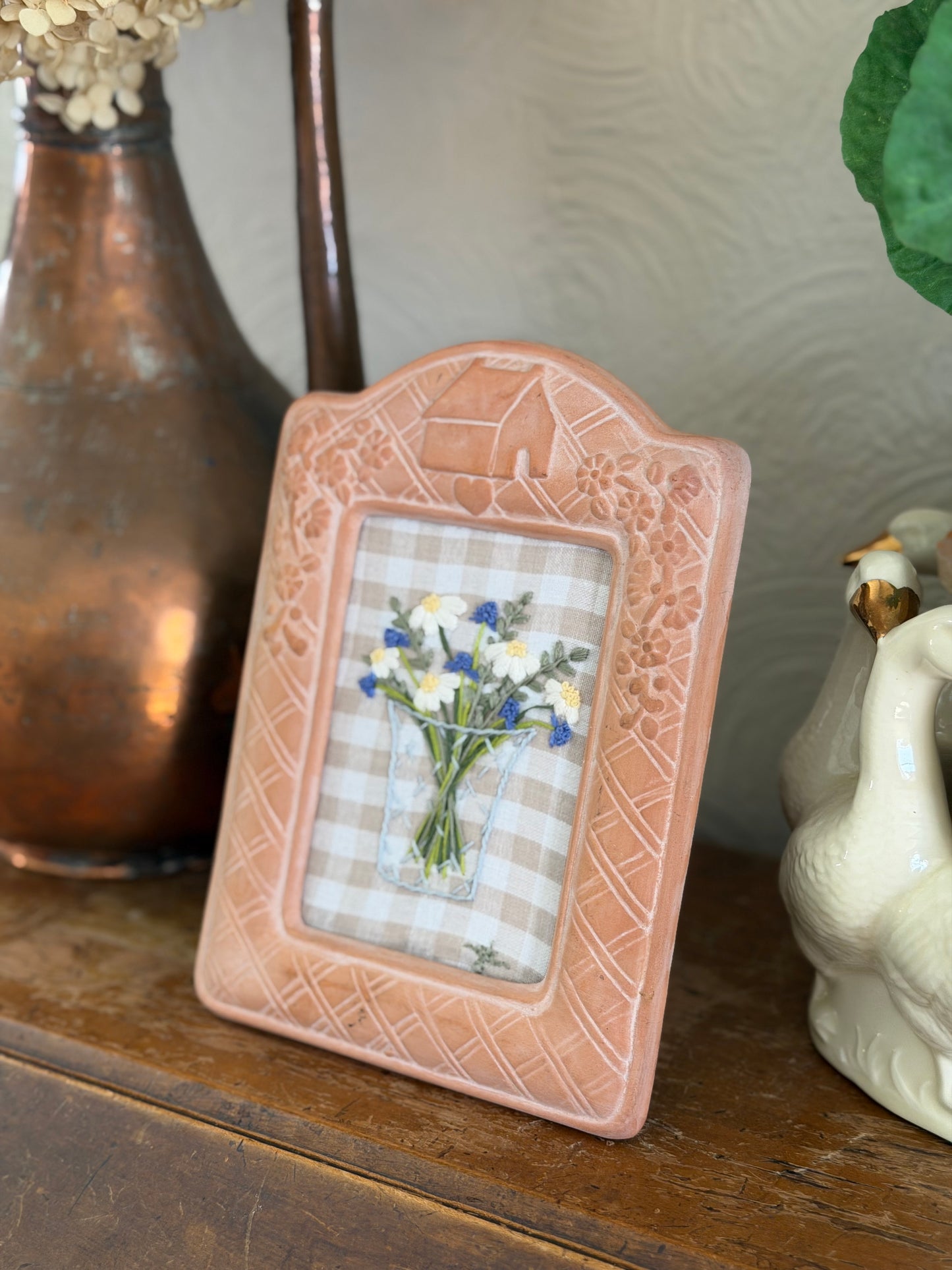 Floral Bouquet in a Vase Embroidery Art in Terra Cotta Frame