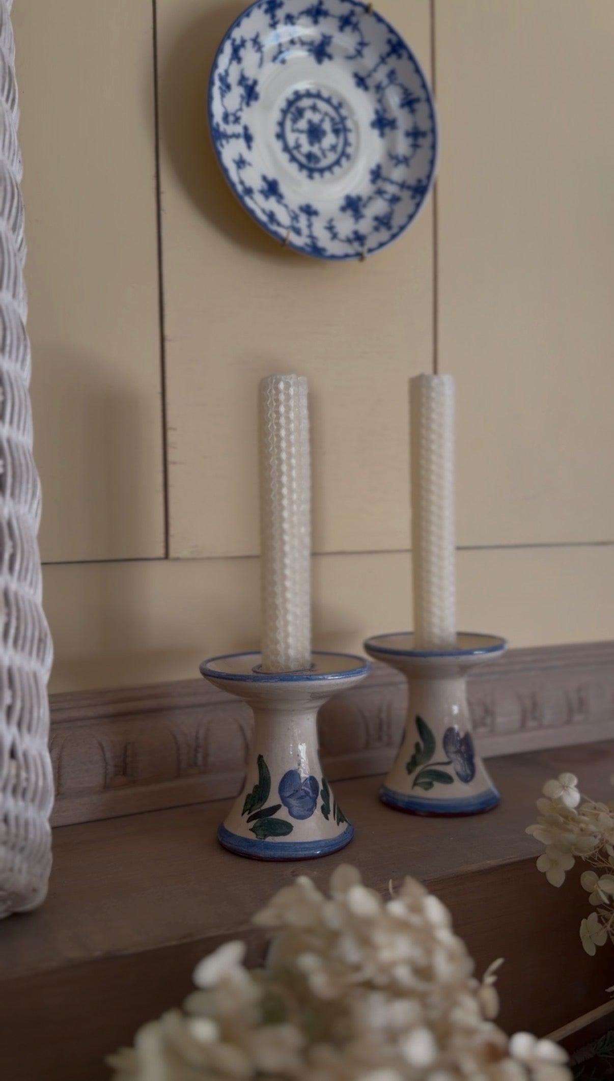 Hand-Painted Blue Floral Pottery Candle Holders - set of 2 (candles not included)