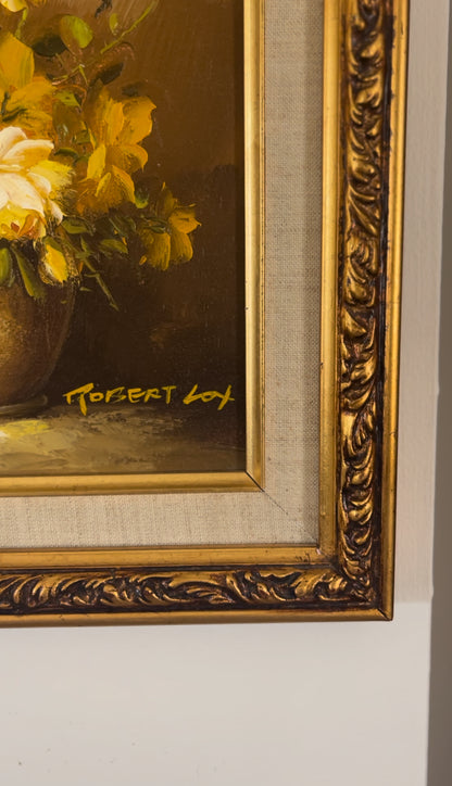 Yellow Floral Original Oil Painting by Robert Cox in Ornate Wooden Frame