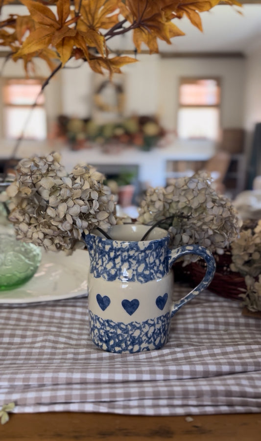Blue and White Heart Pitcher made in Roseville Ohio
