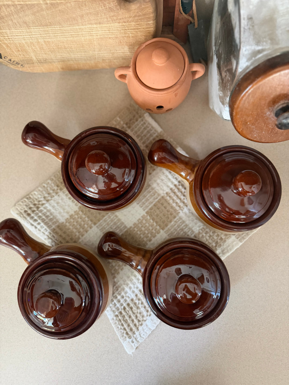 Set of 4 Brown Stoneware Soup Crocks made in Taiwan