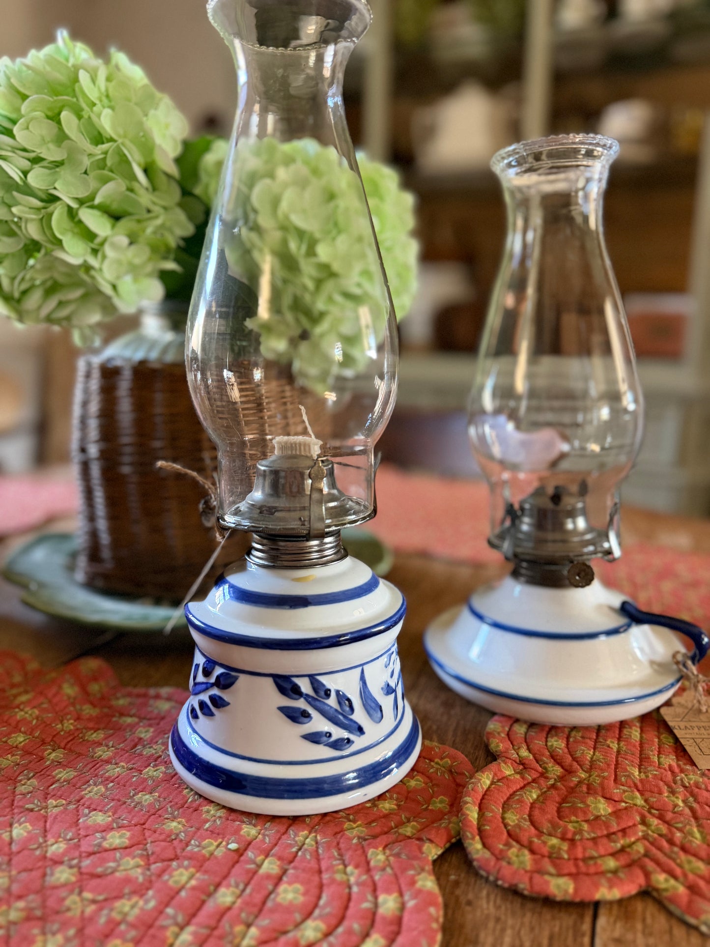 Blue and White Pottery Oil Lamps Made in the USA (sold separately)