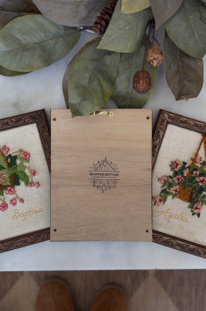 Embroidered Hanging Baskets in Handmade Wooden Frames