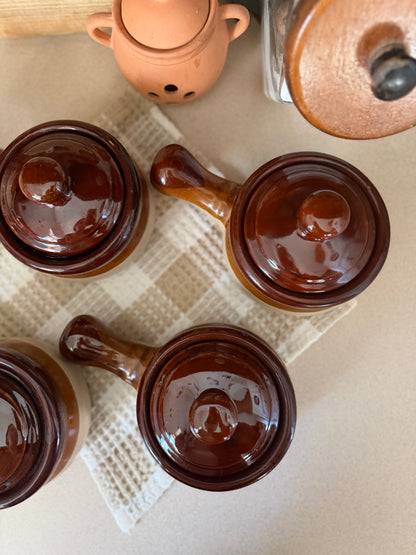 Set of 4 Brown Stoneware Soup Crocks made in Taiwan