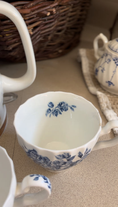 Set of 2 Blue and White Floral Ironstone Teacups made in England