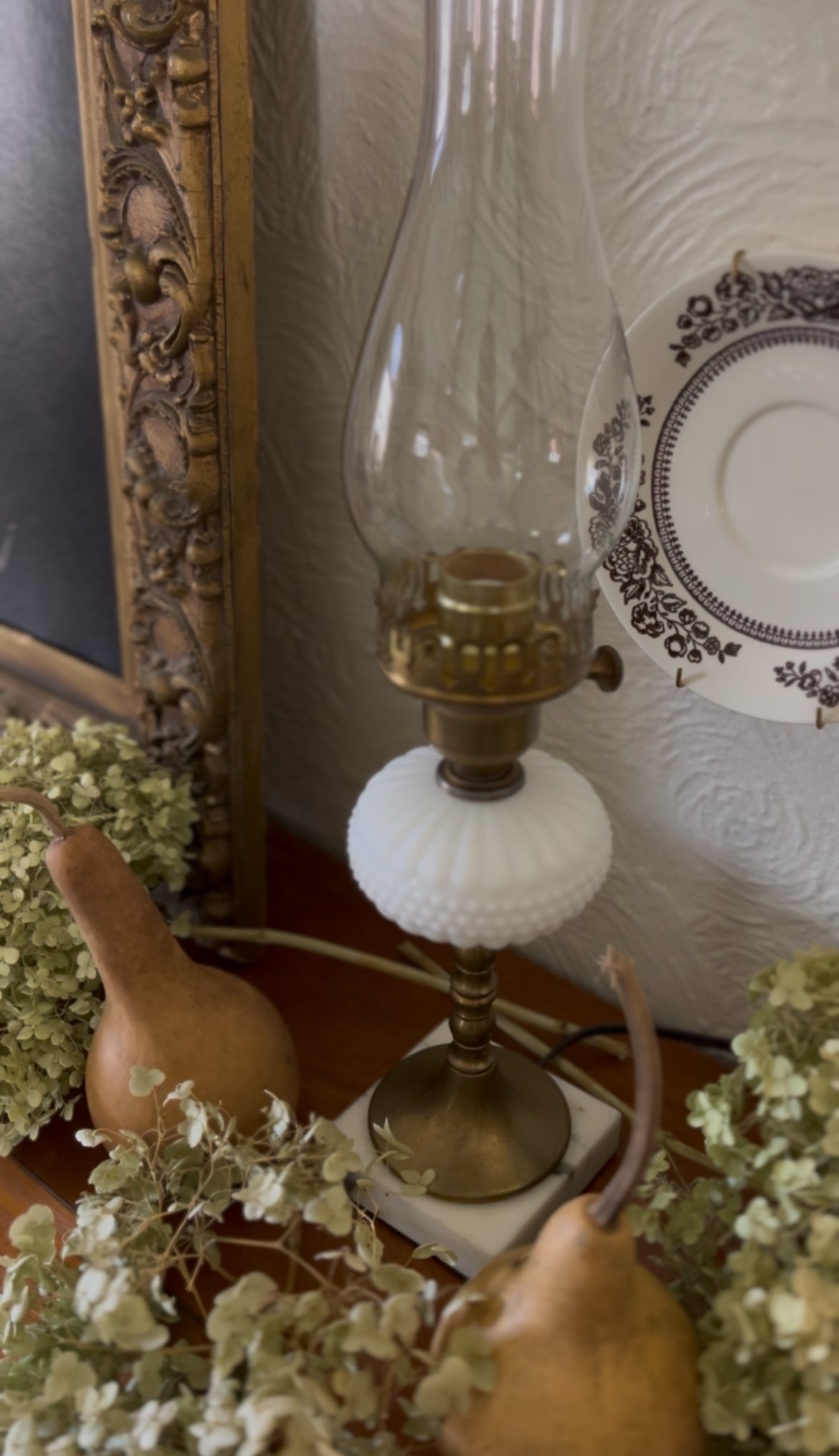 Set of 2 Milk glass, Brass, and Marble Hurricane Lamps