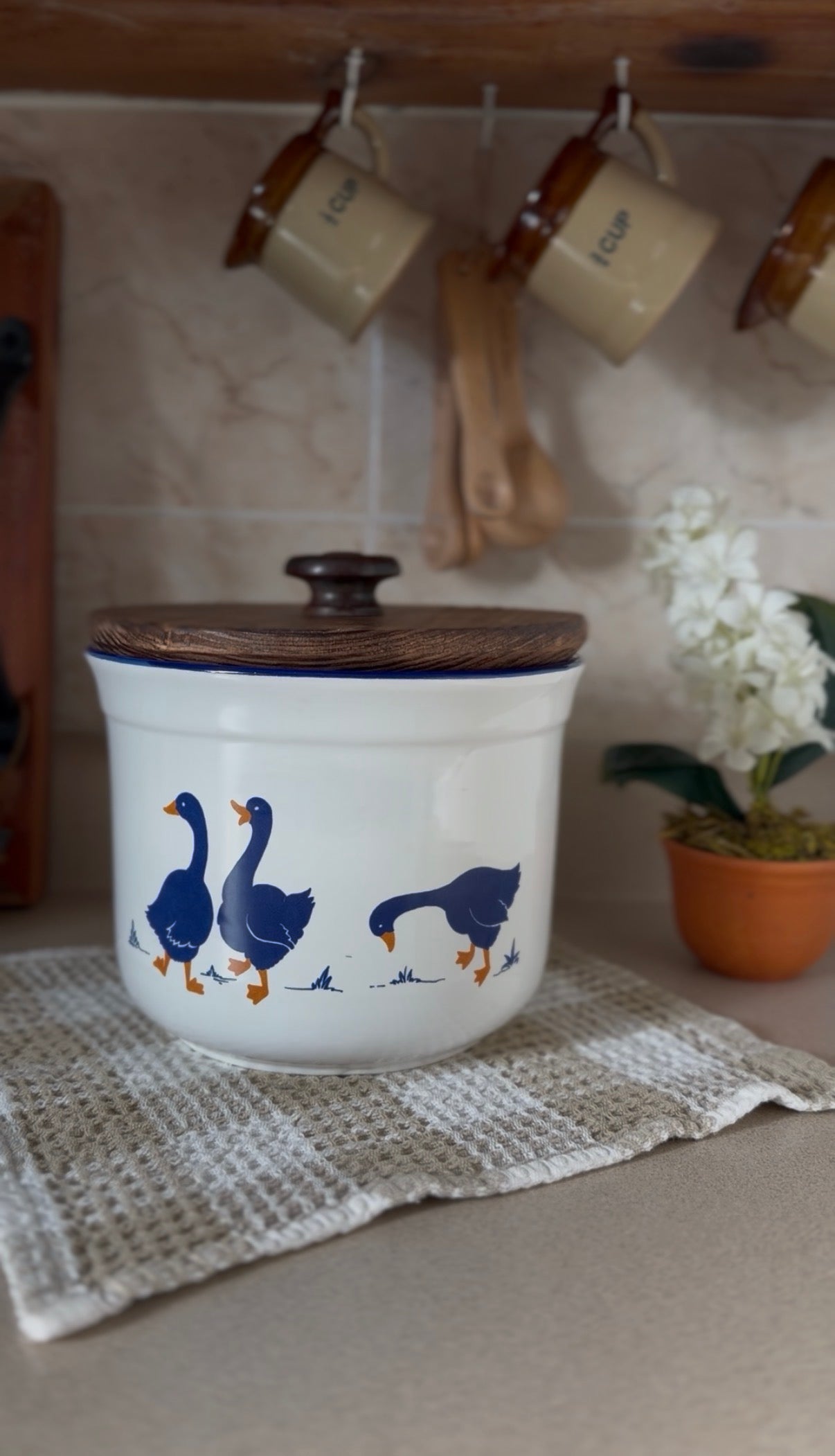 Set of 3 Vintage Rosenthal Netter Blue Geese Ceramic Canisters with Hand-Made Wooden Lids