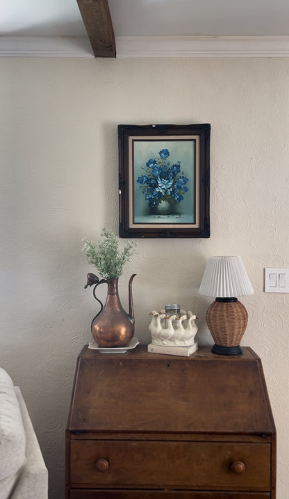 Original Signed Blue Floral Oil Painting In Ornate Wooden Frame