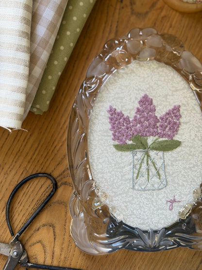 Large Vase of Lilacs Embroidery Art in a Vintage Glass Frame