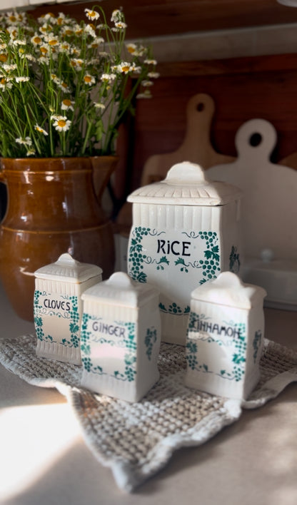 Ceramic Canister Set made in Germany (ginger sold. Rice, cloves, and cinnamon left)