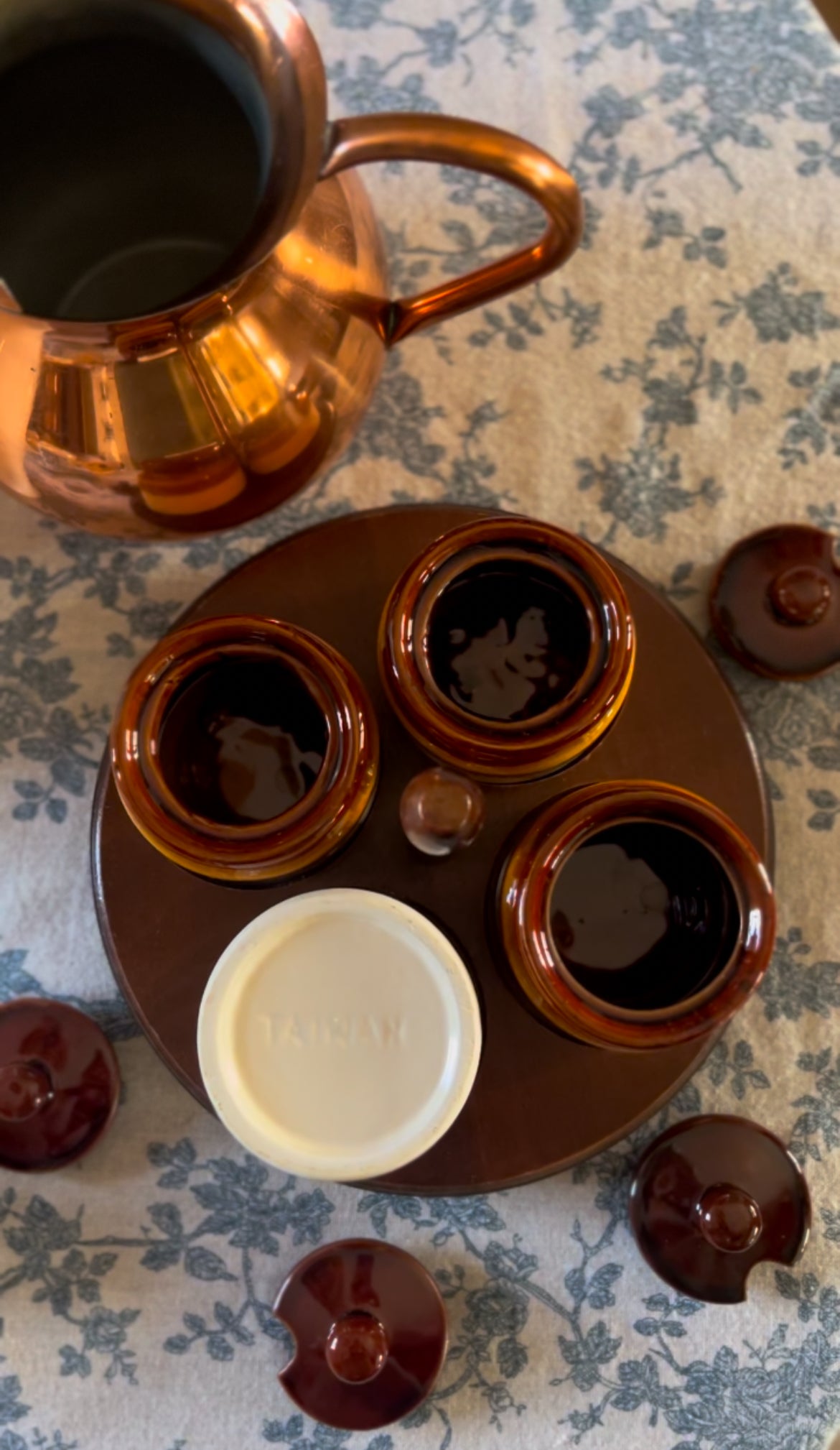 Vintage Brown Stoneware Condiment Set on a Wooden Lazy Susan