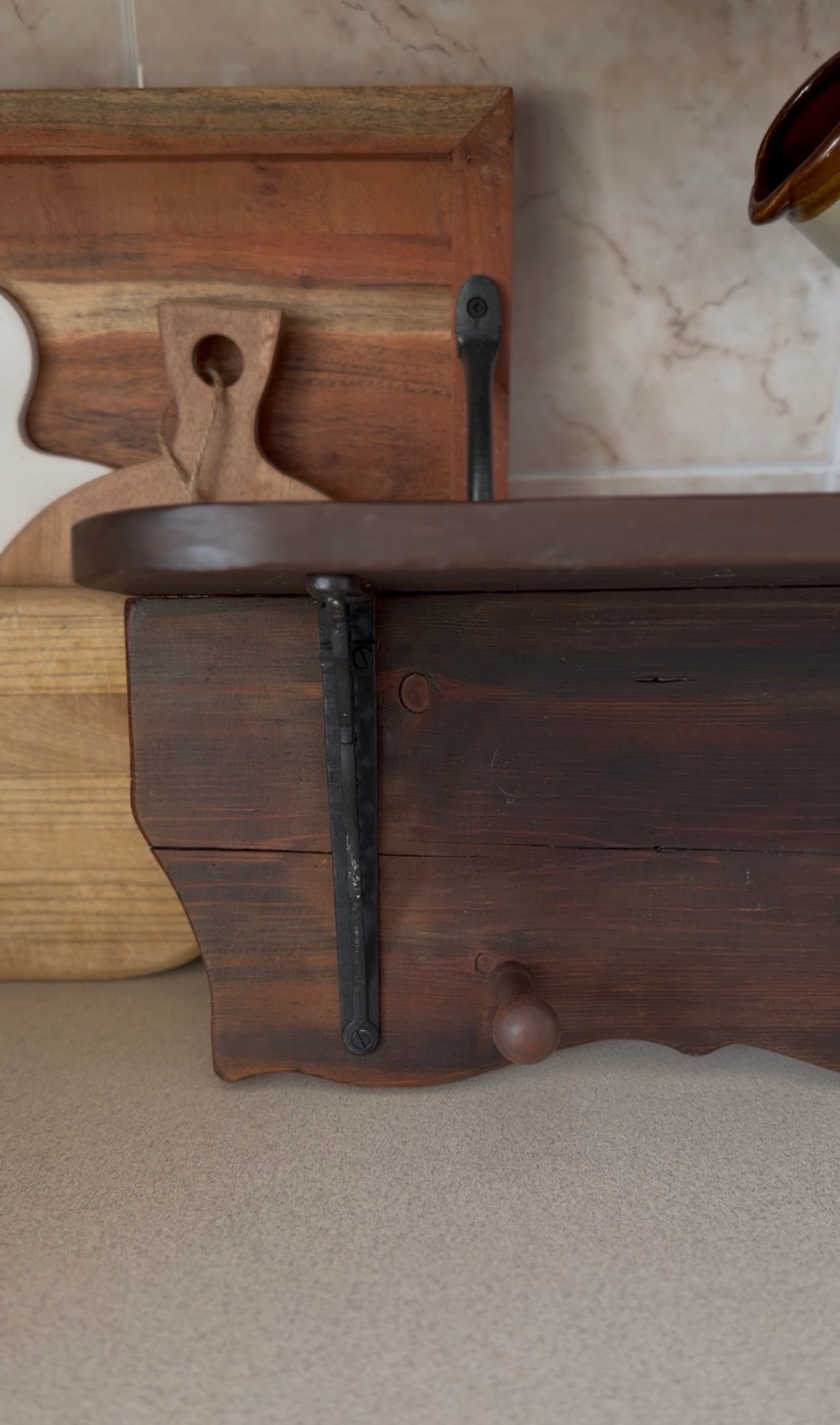 Wooden Shelf with Wrought Iron Corbels and Pegs