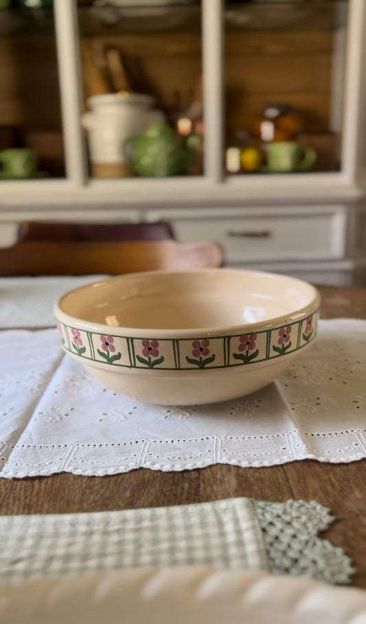 Hungarian Slipware Pottery Mixing Bowl with Pink Floral Rim