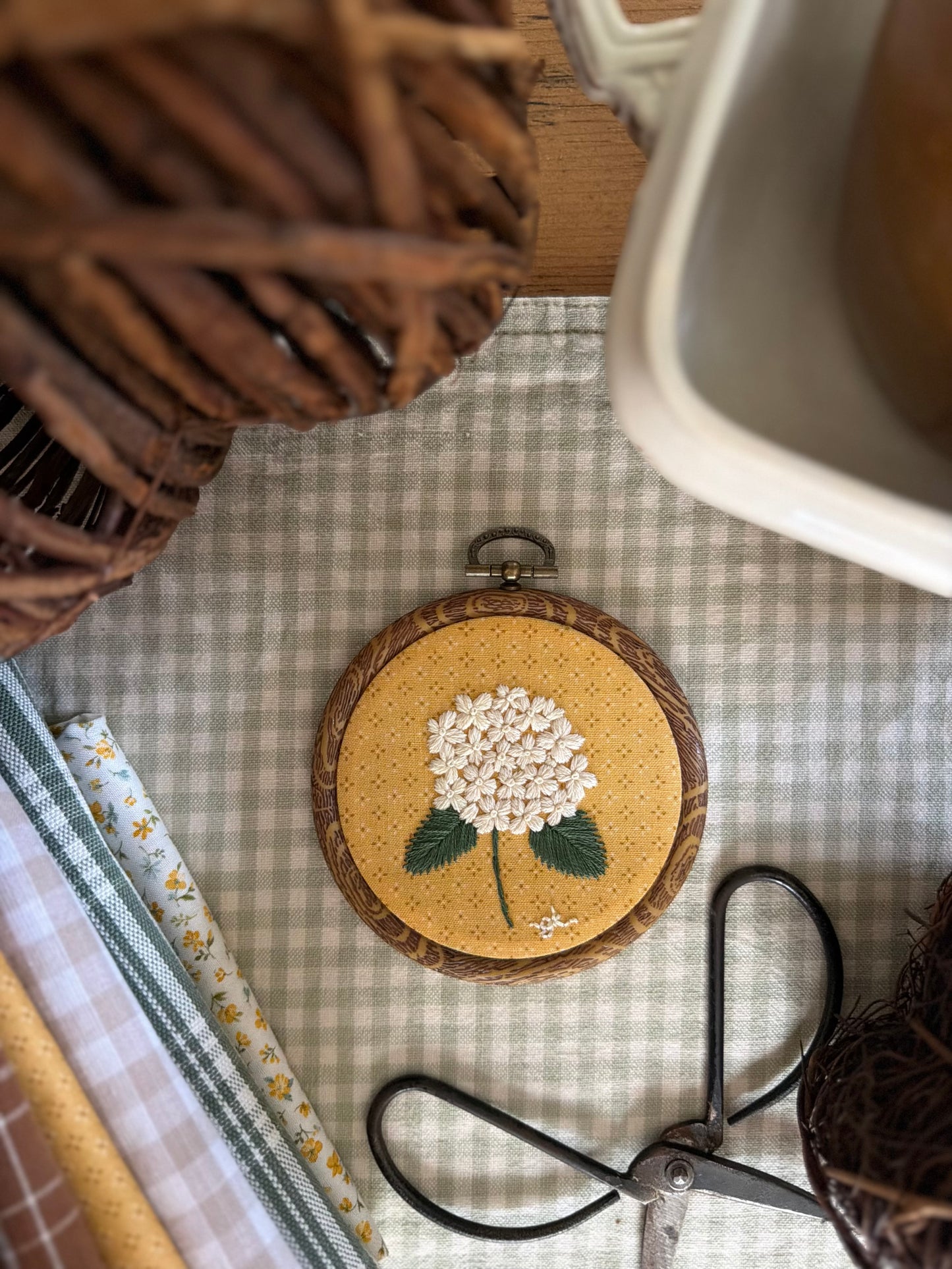 White Hydrangea on Yellow Fabric Embroidery Magnet
