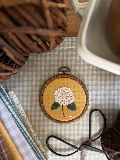 White Hydrangea on Yellow Fabric Embroidery Magnet