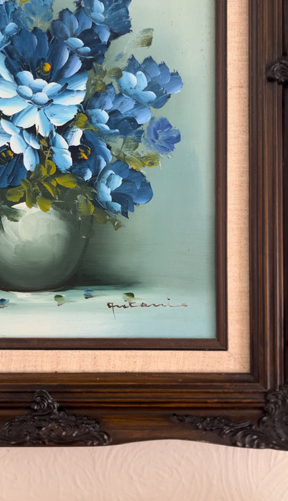 Original Signed Blue Floral Oil Painting In Ornate Wooden Frame