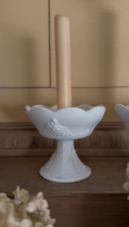 Milk Glass Scalloped Candle Holders with Grape Motif - Set of 2 (candles not included)