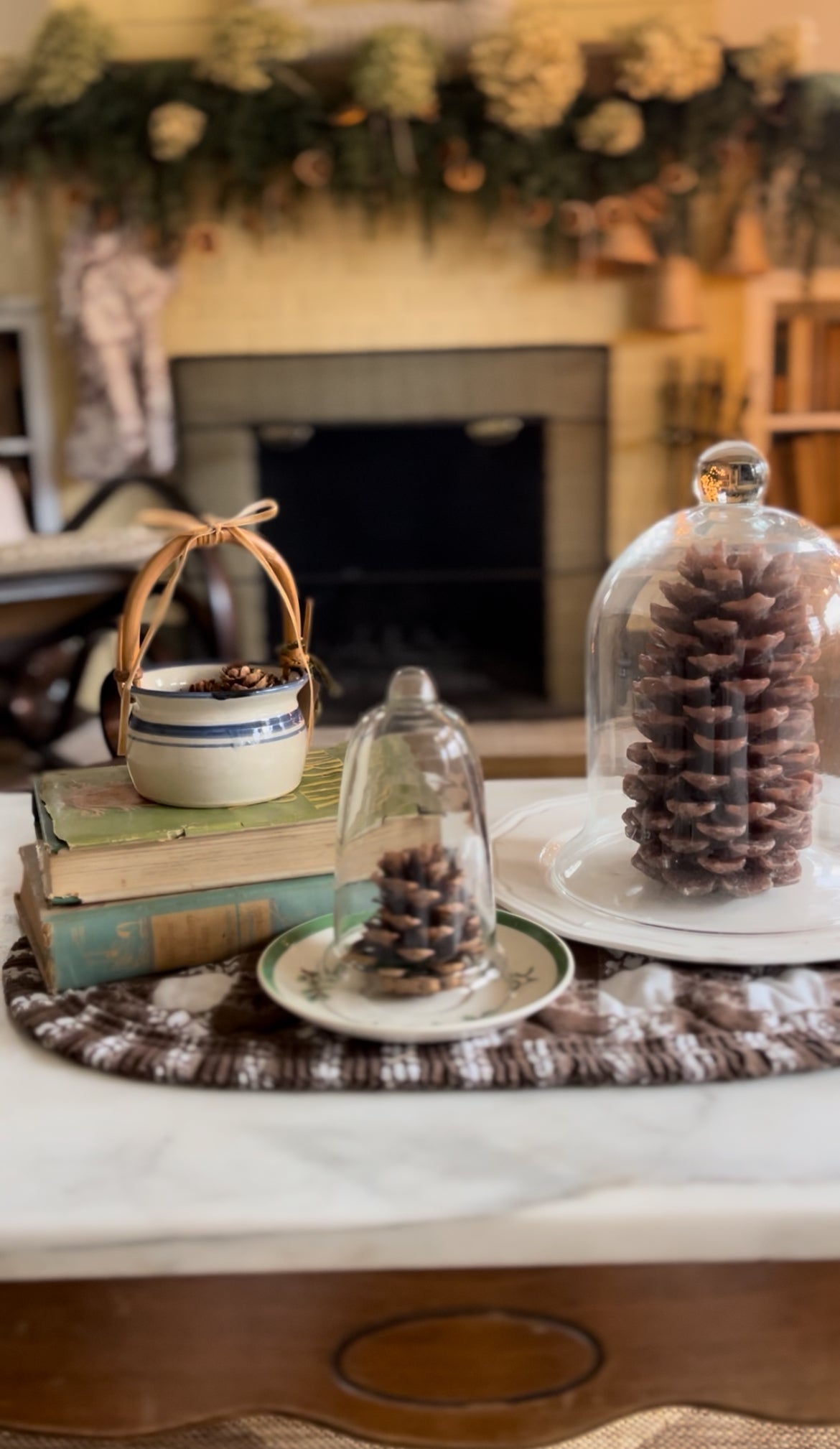 Blue Striped Pottery Basket with Bamboo Handle (ribbon and pinecones included)