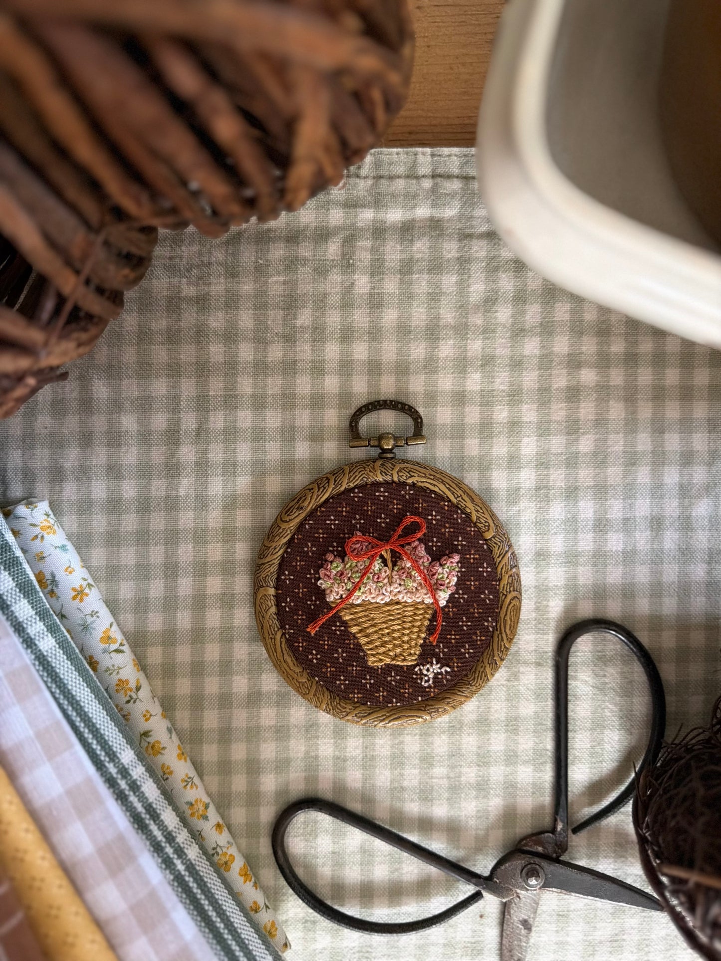 Basket of Hydrangeas on Brown Fabric Mini Embroidery Magnet