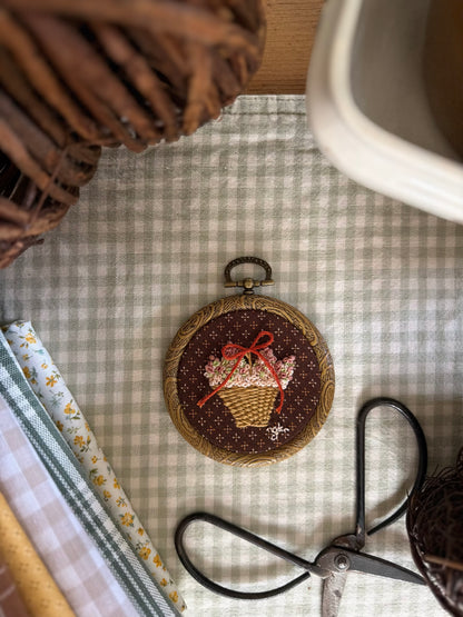 Basket of Hydrangeas on Brown Fabric Mini Embroidery Magnet