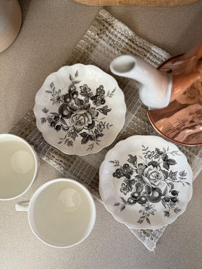 Set of 2 Black Floral Teacups and Saucers made in England