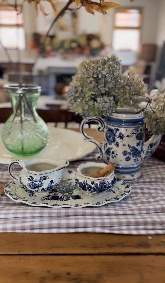 Delft Holland Teapot, Sugar Dish, Creamer, and Tray Set