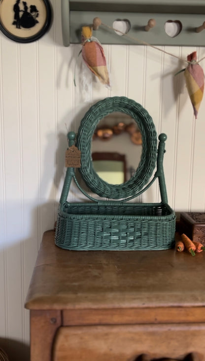 Refinished Wicker Vanity Mirror with Attached Basket