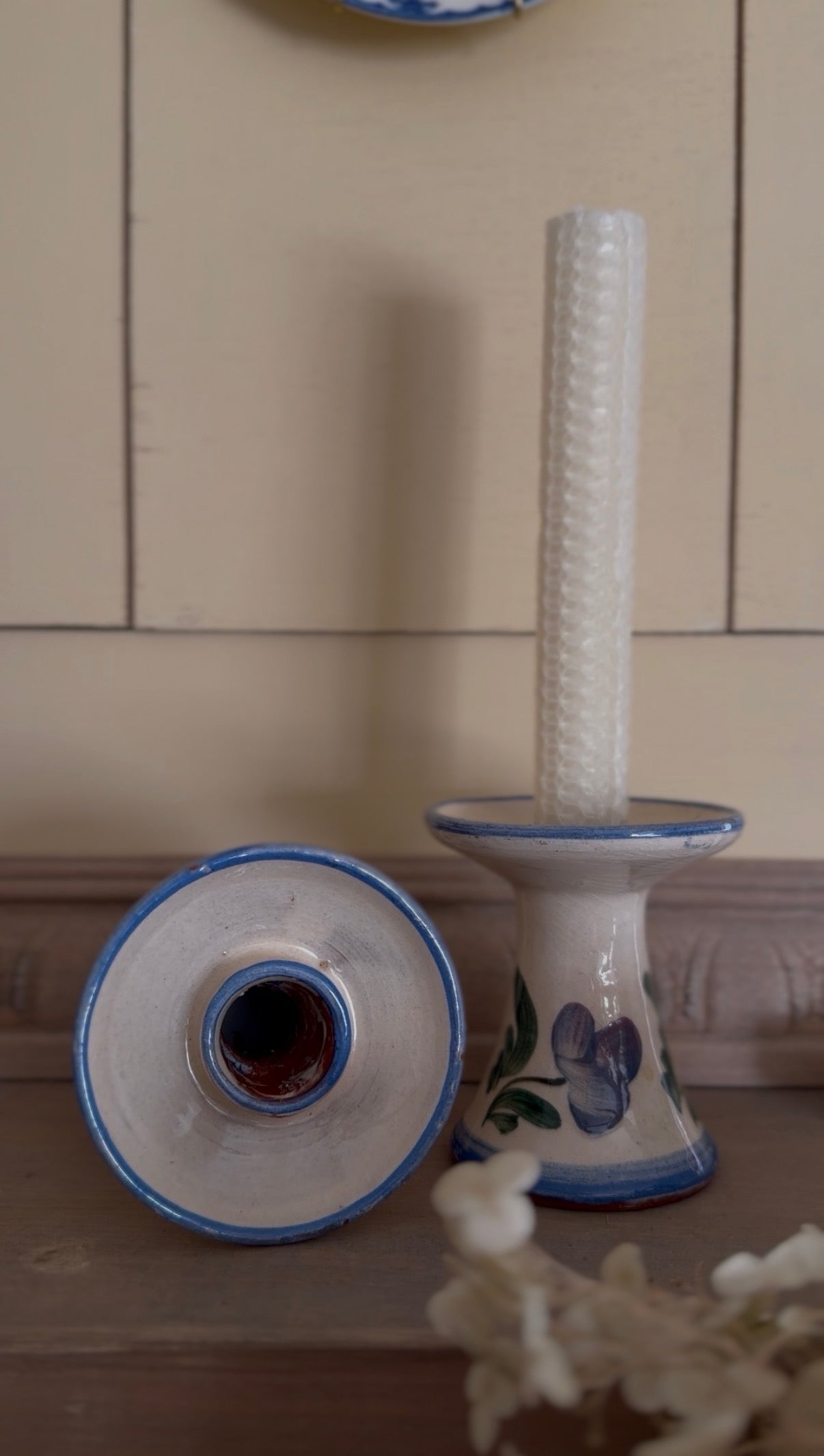 Hand-Painted Blue Floral Pottery Candle Holders - set of 2 (candles not included)
