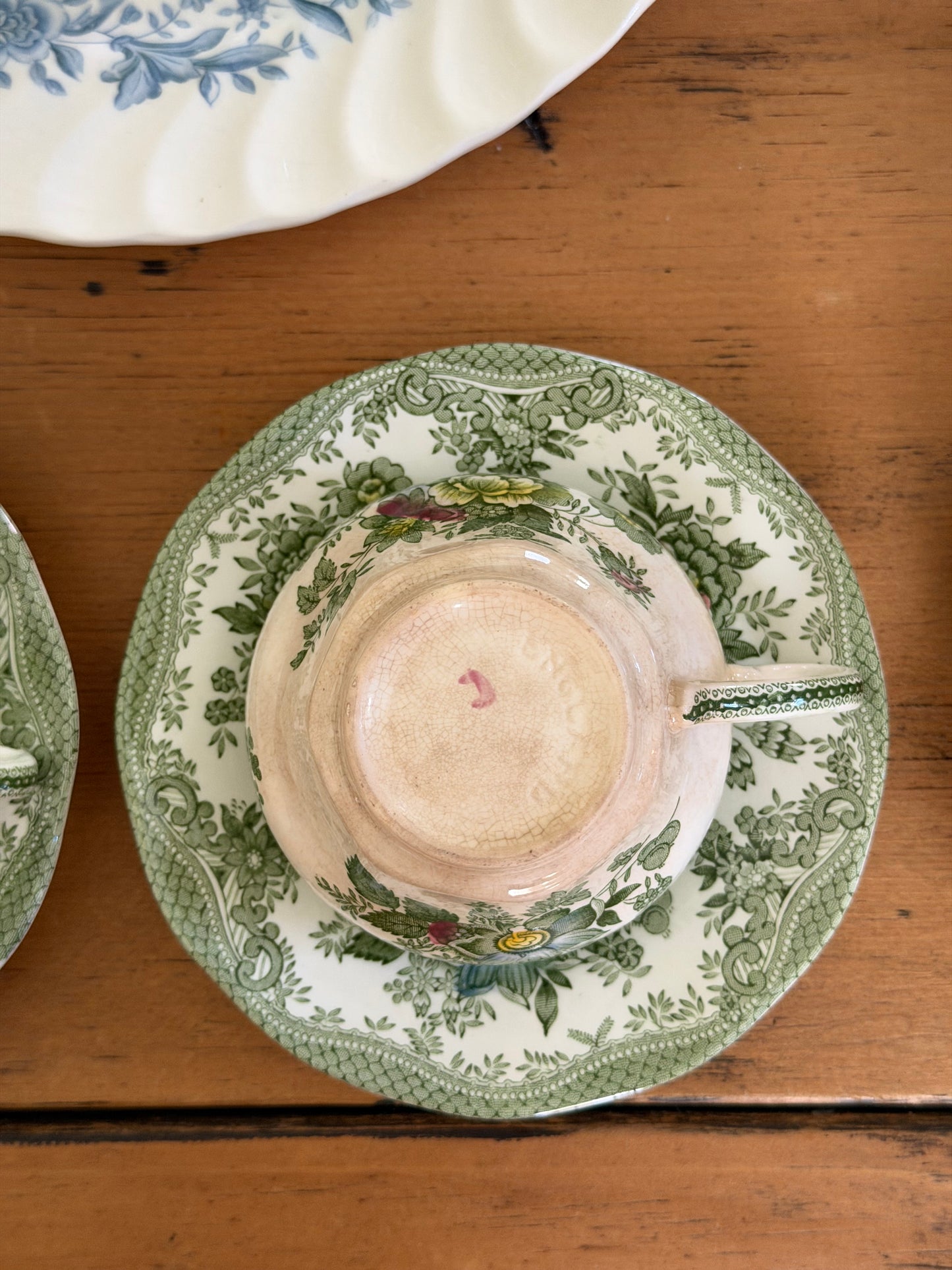 Set of 4 Enoch Wedgwood Green Floral Teacups and Saucers