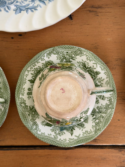 Set of 4 Enoch Wedgwood Green Floral Teacups and Saucers