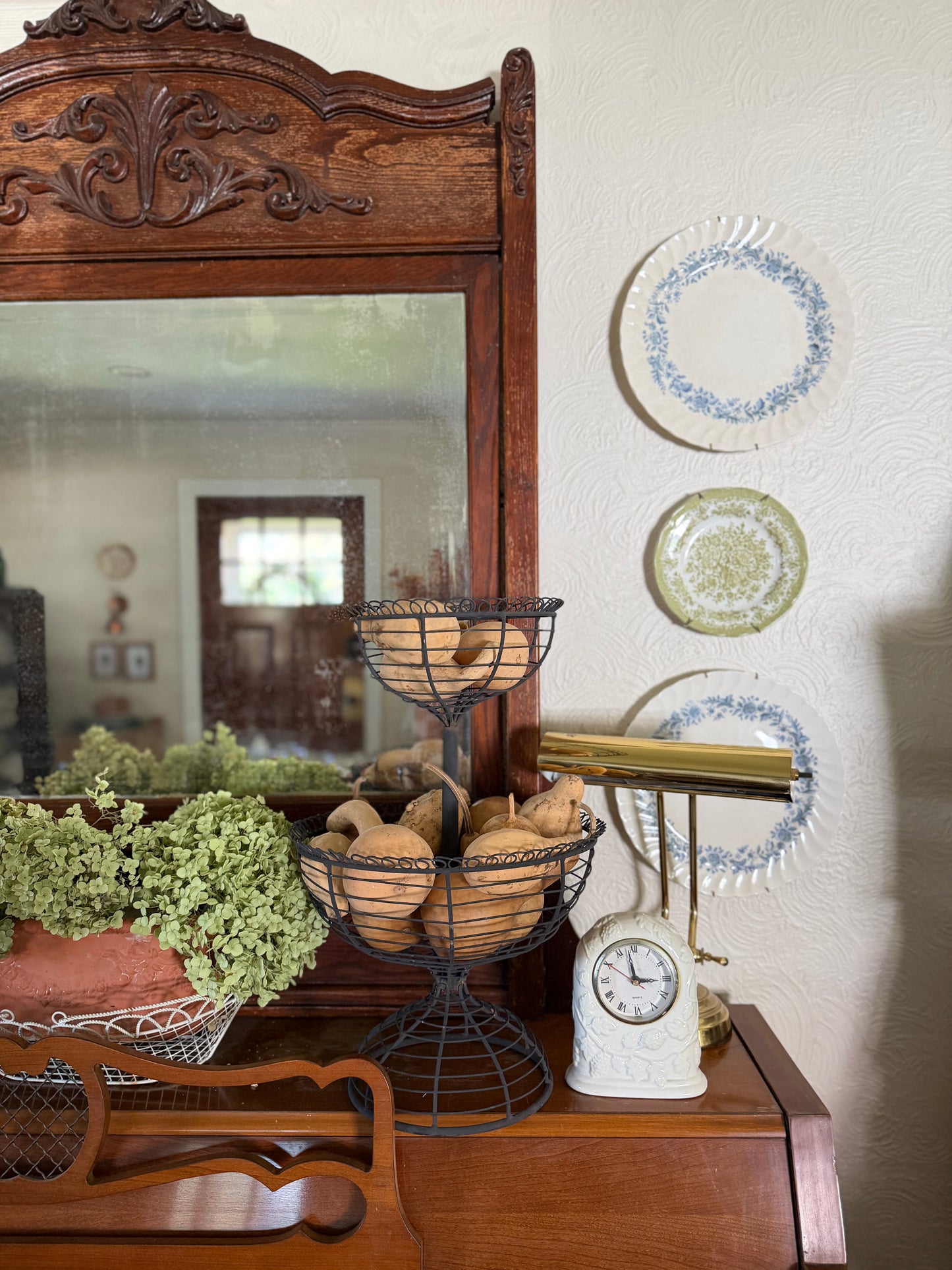 Two-Tiered French Loop Wrought Iron Wire Pedestal Fruit Basket