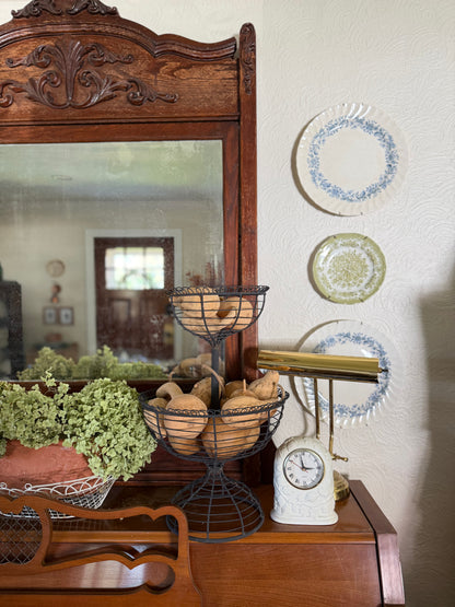 Two-Tiered French Loop Wrought Iron Wire Pedestal Fruit Basket