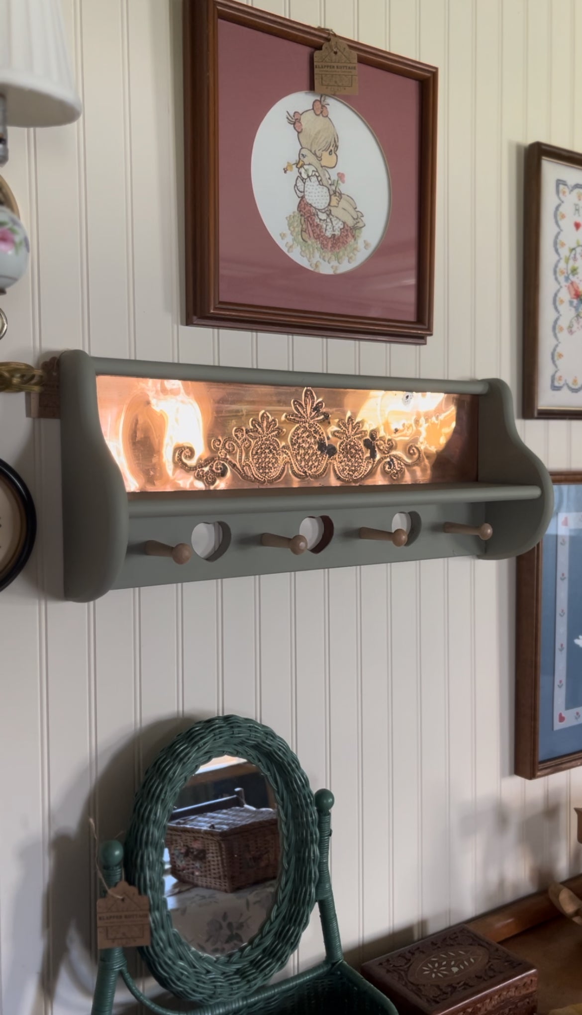 Refinished Solid Wood Shelf with Copper Backing and Pegs
