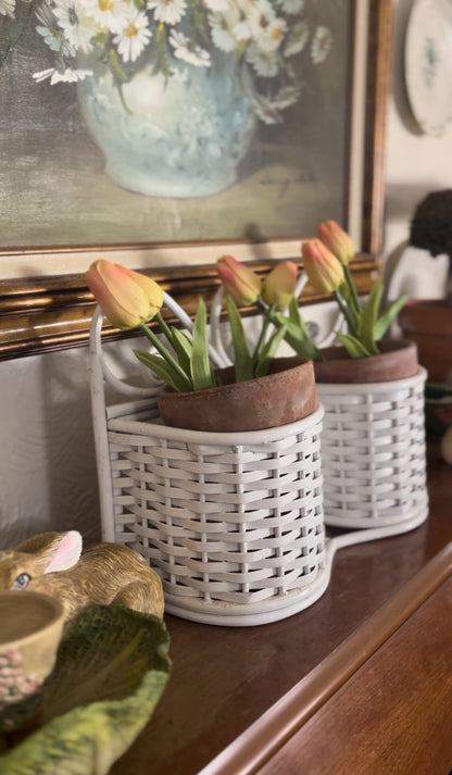 White Wicker Double Planter Basket (comes with terra cotta planters & tulips)