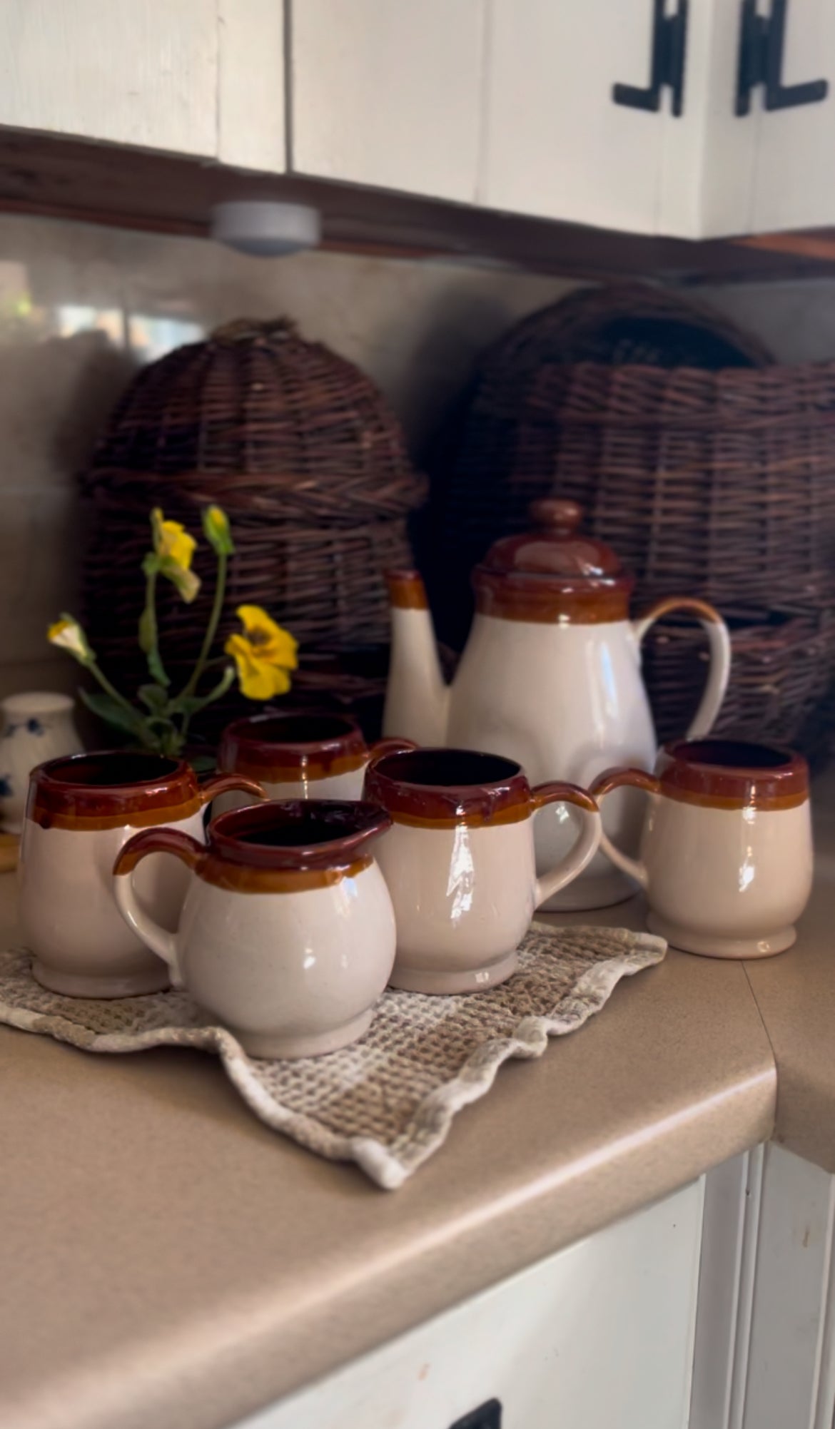 Brown Stoneware Tea Set (includes teapot, creamer, and four mugs)